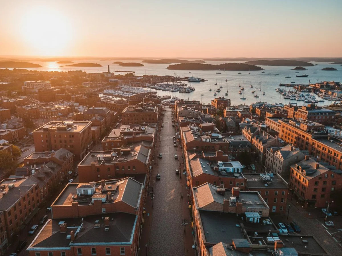 Aerial view of Portland Maine's Old Port district at sunset