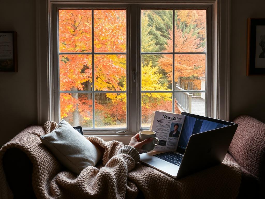 A cozy scene reading The Maine Coaster newsletter